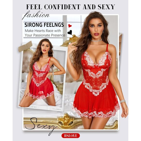 Women Red-white Lingerie Lace Babydoll Mesh Chemise Sleepwear Bridal Nightdress - Picture 4 of 5